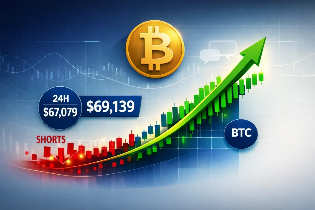 Bitcoin Kurs am 06.04.2026 mit Anstieg. Mögliche Entspannung im Nahen Osten sorgen für Short Squeeze. Bullishe Krypto News.