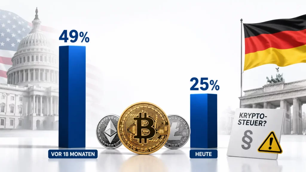 Infografik-Marktreport von boersen-parkett.de zur geplanten Krypto-Steuer in Deutschland, den Ergebnissen aus der Krypto-Steuer in Österreich und der Rolle von Kryptowährungen im US-Wahlkampf 2026 (Midterms)