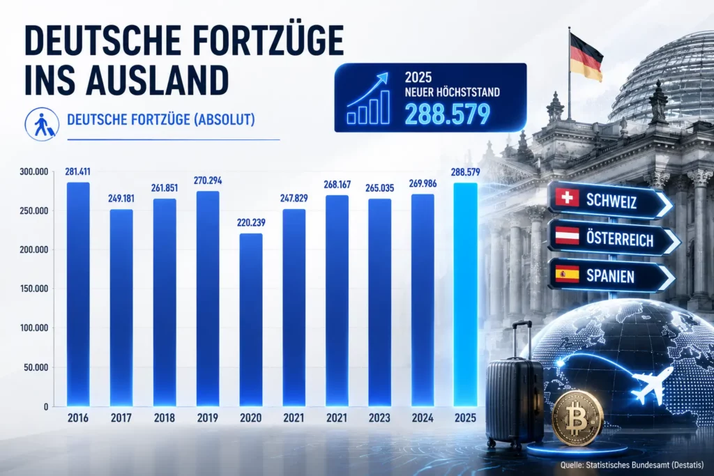 Infografik zur Entwicklung der Fortzüge deutscher Staatsbürger ins Ausland. Ein Balkendiagramm zeigt die jährlichen Werte von 2016 bis 2025, wobei 2025 mit 288.579 Fortzügen den höchsten Wert der Zeitreihe erreicht. Im Hintergrund sind der Reichstag, Reise- und Auswanderungsmotive sowie Hinweise auf häufige Zielländer wie die Schweiz, Österreich und Spanien dargestellt. Quelle: Statistisches Bundesamt (Destatis). Grafik: boersen-parkett.de.