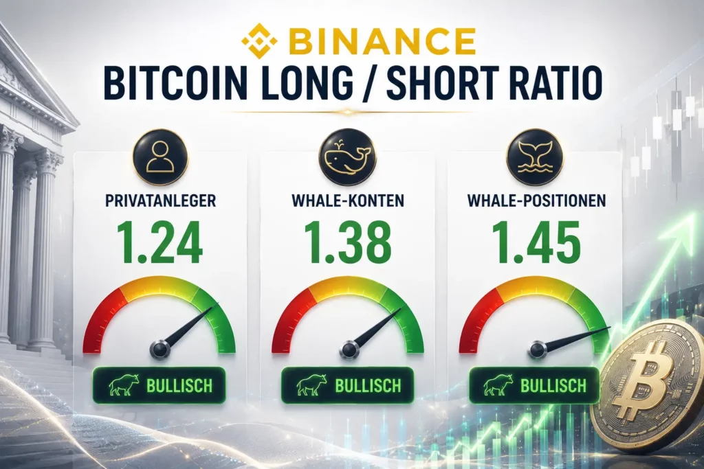 Infografik zeigt die Binance Long-/Short-Ratio für Privatanleger, Whale-Konten und Whale-Positionen. Alle drei Gruppen weisen einen Wert über 1 und damit eine bullische Positionierung auf.