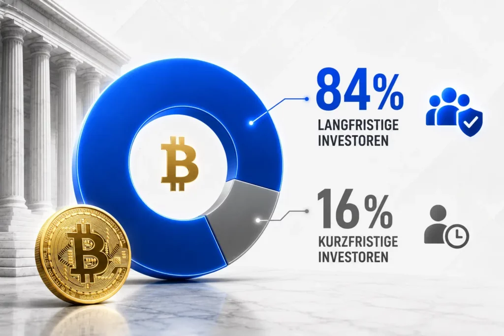 Infografik von boersen-parkett.de zeigt, dass 84 Prozent des Bitcoin-Angebots seit mindestens 155 Tagen nicht bewegt wurden und nur 16 Prozent innerhalb dieses Zeitraums transferiert wurden.