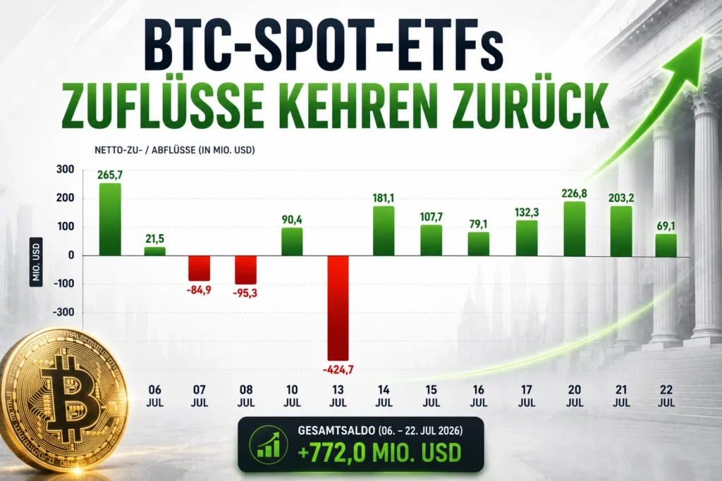 Infografik zeigt die täglichen Netto-Zu- und Abflüsse der US-Bitcoin-Spot-ETFs zwischen dem 6. und 22. Juli 2026 mit einer deutlichen Rückkehr positiver Kapitalzuflüsse.