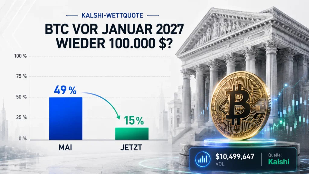 Infografik mit Balkendiagramm zur Kalshi-Wettquote: Im Mai 2026 hielten noch 49 Prozent einen Bitcoin-Kurs von 100.000 US-Dollar vor Januar 2027 für wahrscheinlich, aktuell sind es nur noch 15 Prozent. Rechts ist eine Bitcoin-Münze vor klassischer Finanzarchitektur dargestellt. Quelle: Kalshi.
