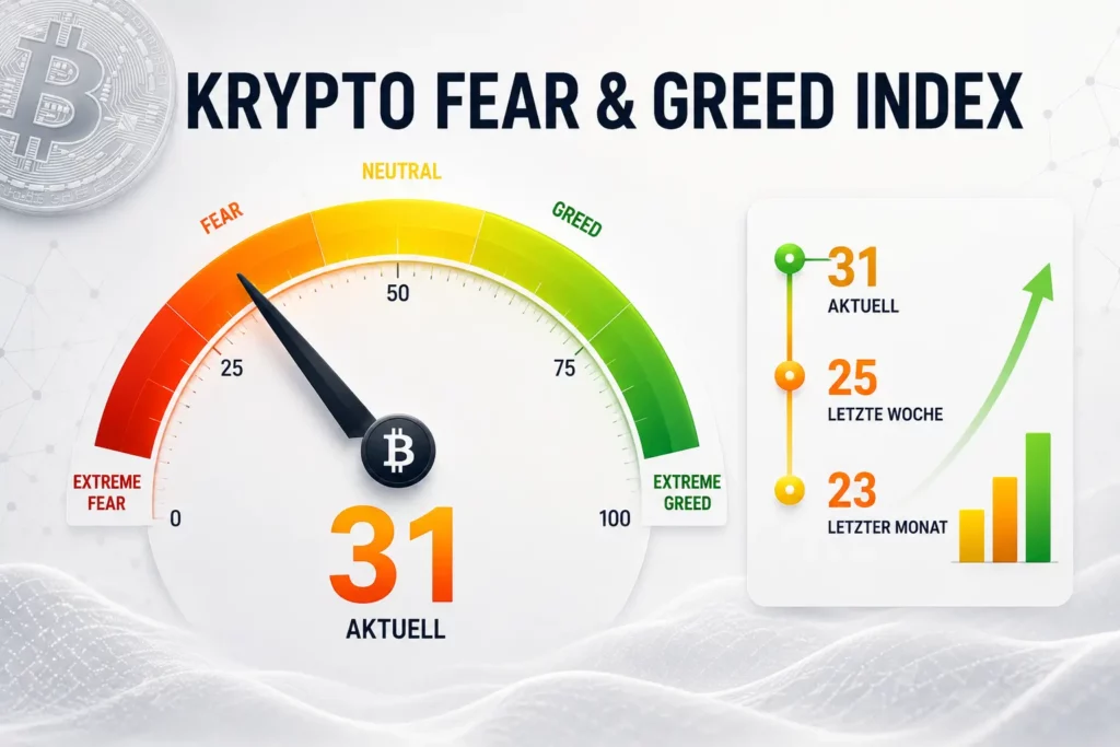Infografik zum Krypto Fear & Greed Index mit einem aktuellen Wert von 31 sowie den Vergleichswerten 25 in der Vorwoche und 23 im Vormonat.