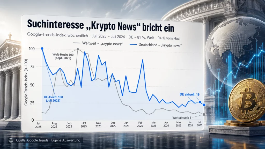 Die Grafik von boersen-parkett.de zeigt das Google-Suchinteresse für "Krypto News" (Deutschland) und "Crypto News" (Global) im 12-Monats-Rückblick. Datengrundlage: trends.google.de