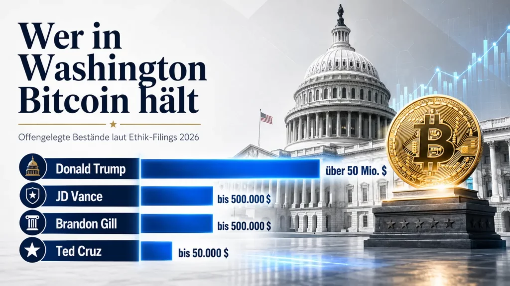 Infografik: Wer in Washington Bitcoin hält – Donald Trump mit über 50 Millionen US-Dollar, JD Vance und Brandon Gill mit bis zu 500.000 US-Dollar, Ted Cruz mit bis zu 50.000 US-Dollar, laut Ethik-Filings 2026