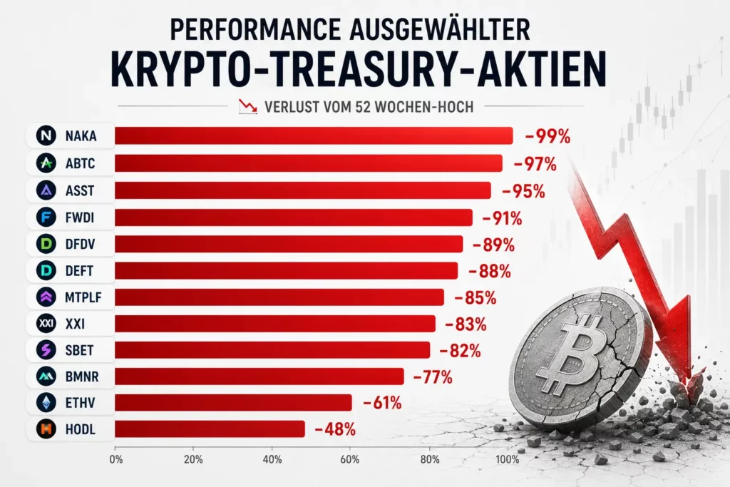 Infografik zeigt die Kursverluste ausgewählter Krypto-Treasury-Unternehmen seit ihren jeweiligen 52-Wochen-Hochs mit Rückgängen von bis zu 99 Prozent.