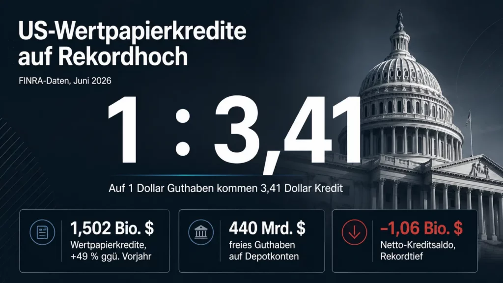 Infografik von boersen-parkett.de auf Grundlage von FINRA-Daten: US-Wertpapierkredite auf Rekordhoch: Im Juni 2026 kommen laut FINRA auf 1 Dollar Depotguthaben 3,41 Dollar Kredit. Die Wertpapierkredite liegen bei 1,502 Billionen Dollar, das freie Guthaben bei 440 Milliarden Dollar und der Netto-Kreditsaldo bei minus 1,06 Billionen Dollar.