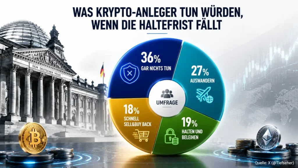 Infografik zur Frage, wie Krypto-Anleger reagieren würden, falls die einjährige Steuer-Haltefrist in Deutschland abgeschafft wird. Ein Kreisdiagramm zeigt die Umfrageergebnisse: 36 % würden gar nichts tun, 27 % würden auswandern, 19 % würden ihre Coins halten und beleihen, 18 % würden steuerfreie Altgewinne durch einen schnellen Sell-&-Buy-back realisieren. Im Hintergrund ist der Reichstag zu sehen, ergänzt durch Bitcoin- und Ethereum-Symbole. Quelle: X (@Tiefseher). Grafik: boersen-parkett.de.