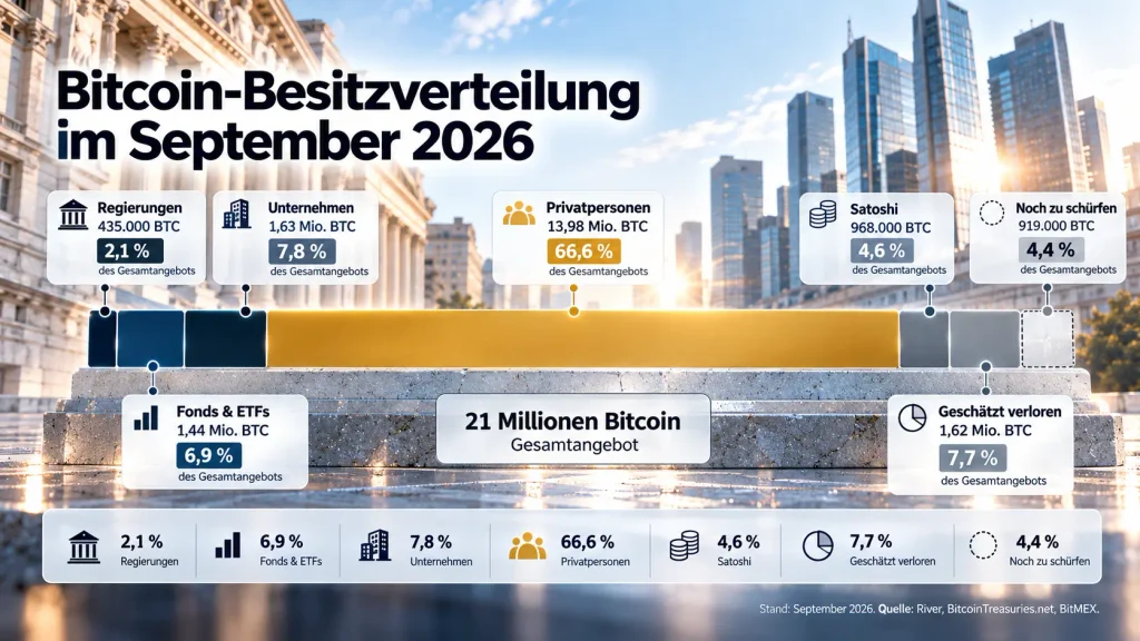 Bitcoin-Verteilung laut River zum 8. September 2026: Privatpersonen halten 66,6 Prozent der maximalen Gesamtmenge von 21 Millionen BTC, Unternehmen 7,8 Prozent, Fonds und ETFs 6,9 Prozent sowie Staaten 2,1 Prozent.