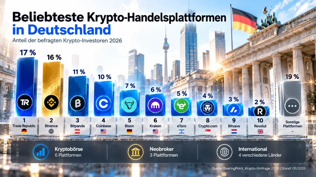 Bevorzugte Krypto-Handelsplattformen in Deutschland 2026: Trade Republic führt mit 17 % der Erstnennungen vor Binance mit 16 %, Bitpanda mit 11 %, Coinbase mit 10 % und Bison mit 7 %.
