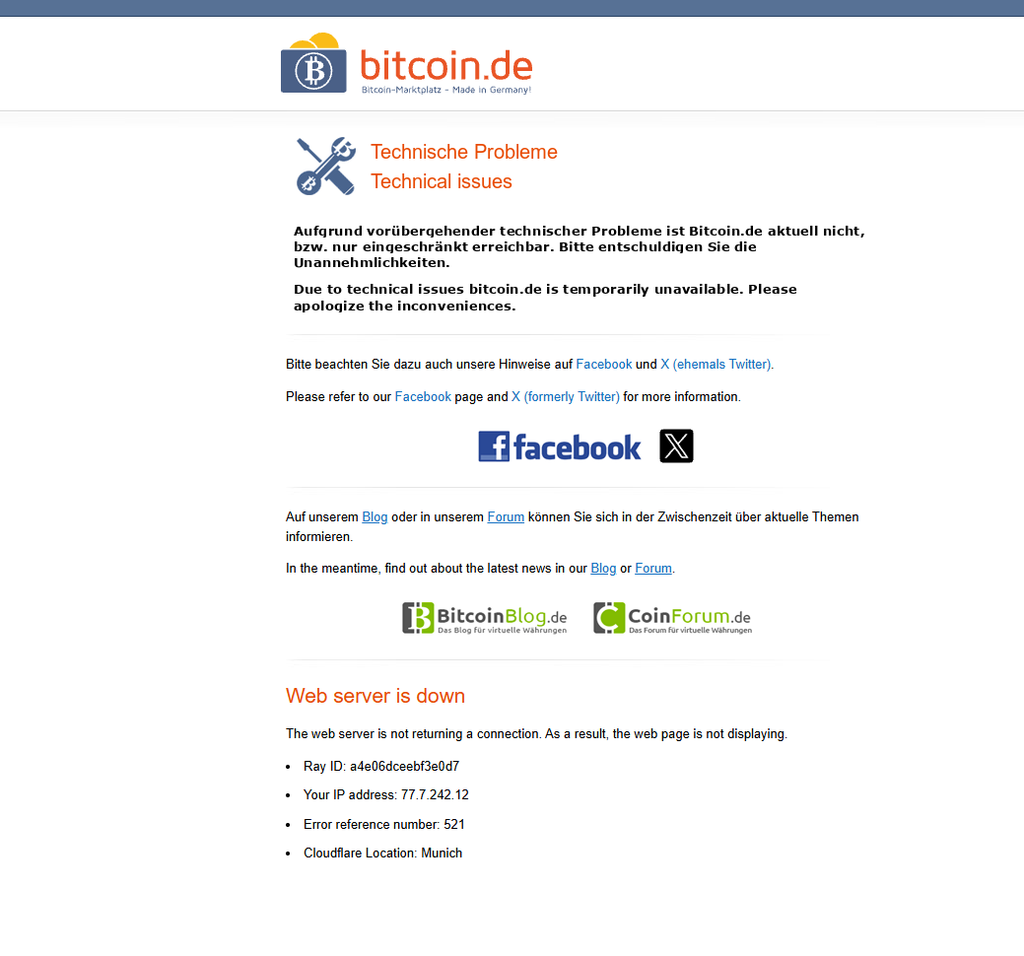 Konkrete Störung bei Bitcoin.de am Mittwoch den 21.10.2026. Screenshot, aufgenommen von der boersen-parkett.de Redaktion.