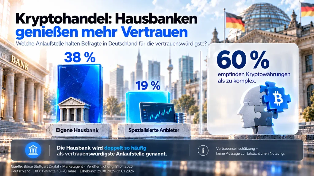 Vertrauen beim Kryptohandel: 38 % der deutschen Befragten nennen ihre Hausbank als vertrauenswürdigste Anlaufstelle, 19 % spezialisierte Anbieter. 60 % empfinden Kryptowährungen als zu komplex.