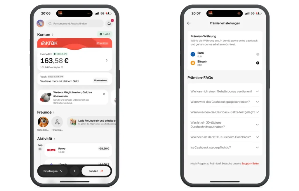 Screenshots von der App zur Krak Card aus persönlichem Test