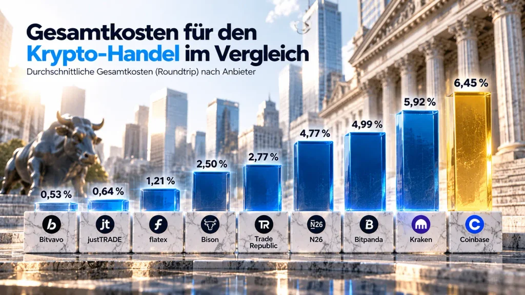 Durchschnittliche Gesamtkosten für Kryptokauf und unmittelbaren Verkauf im App-Test: Bitvavo 0,53 %, justTRADE 0,64 %, flatex 1,21 %, Bison 2,50 %, Trade Republic 2,77 %, N26 4,77 %, Bitpanda 4,99 %, Kraken 5,92 % und Coinbase 6,45 %.