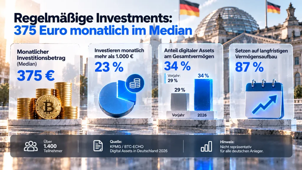 Krypto-Investments der Befragten: monatlich 375 Euro im Median, 23 % investieren über 1.000 Euro. Der durchschnittliche Digital-Asset-Anteil am Gesamtvermögen steigt von 29 auf 34 %. 87 % setzen auf langfristigen Vermögensaufbau. Nicht repräsentative Umfrage.