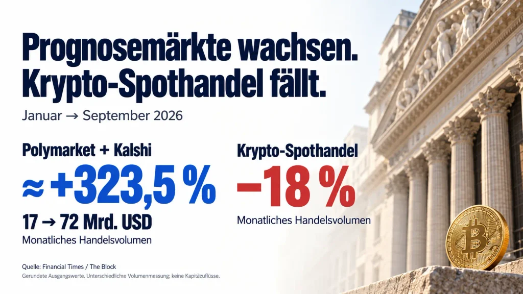 Infografik von boersen-parkett.de. Prognosemärkte wachsen, Krypto-Spothandel mit -18 %.