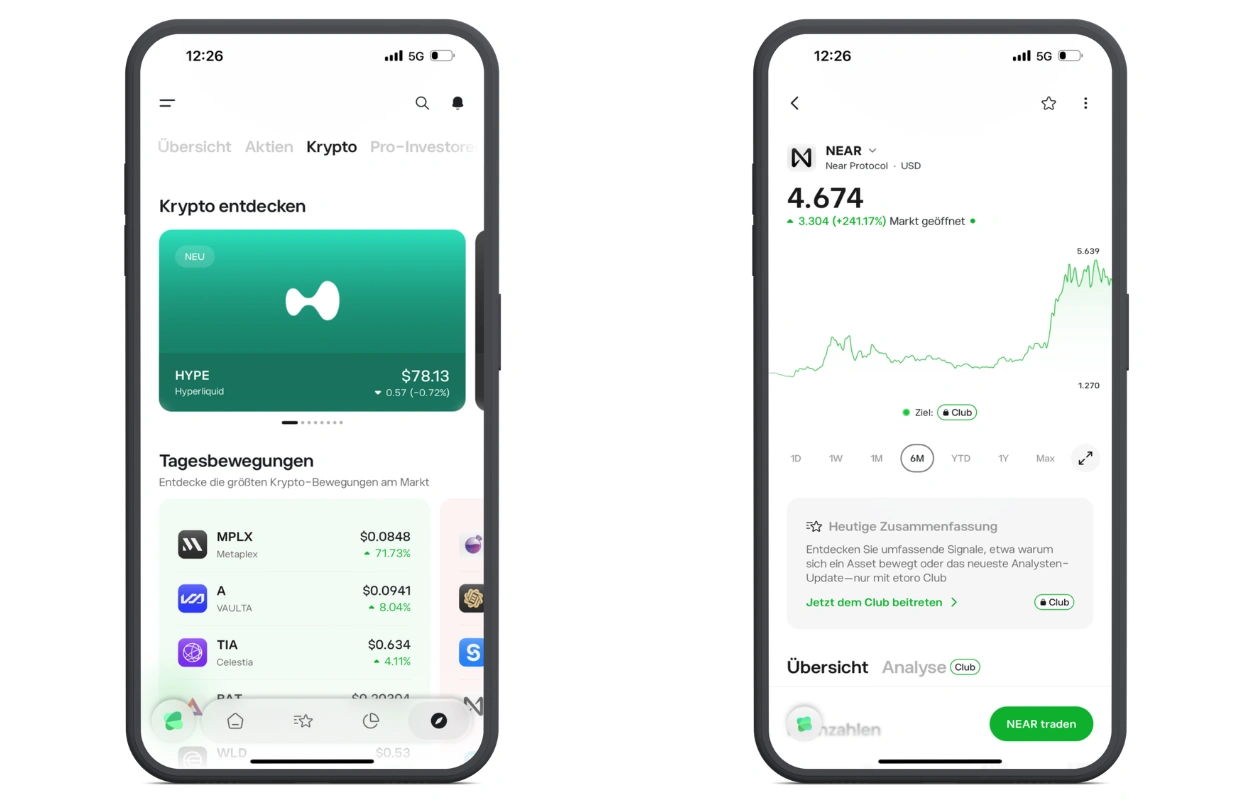 Krypto-Übersicht und Coin-Kursansicht in der eToro-App auf zwei Smartphones