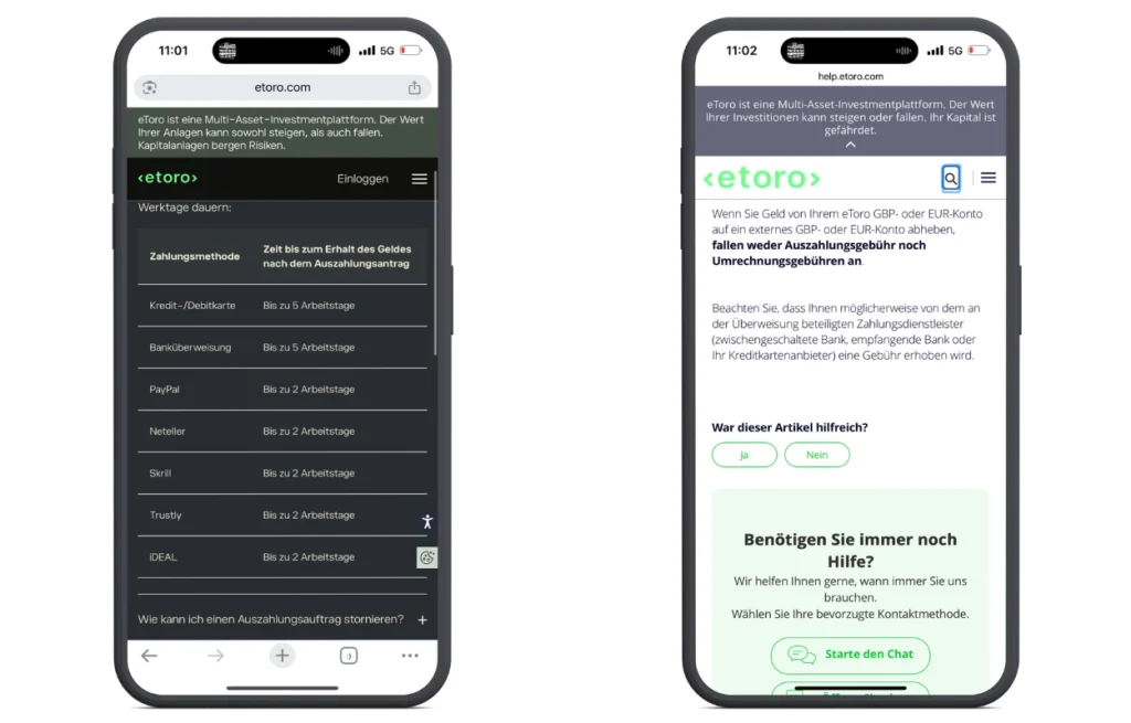 Die Praxis-Screenshots zeigen die unterschiedlichen Auszahlungsmöglichkeiten bei eToro. 