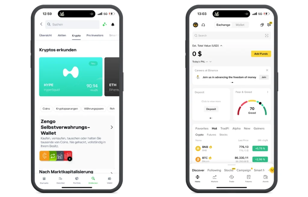 eToro App vs Binance App - direkter Vergleich der Handelsoberflächen.